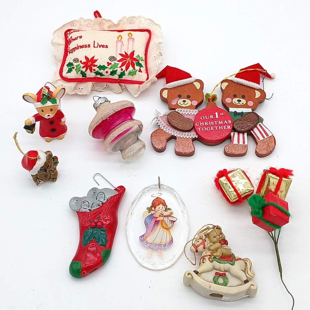 Lot of 9 Vintage Christmas Ornaments & Tree Pick including 1988 Kurt Adler bears